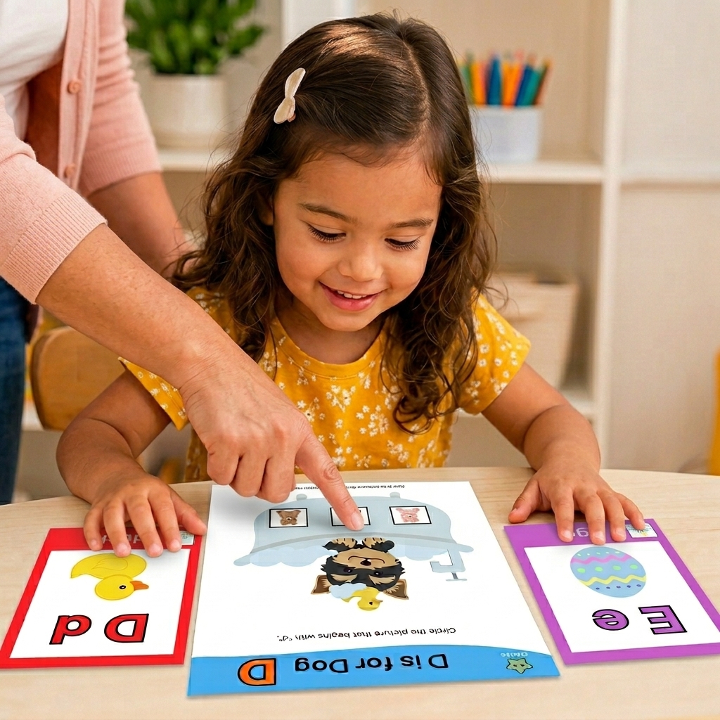  A young girl and mother sitting at a desk working on an open and go lesson using flashcards and a multi-sensory activity to build early literacy skills.