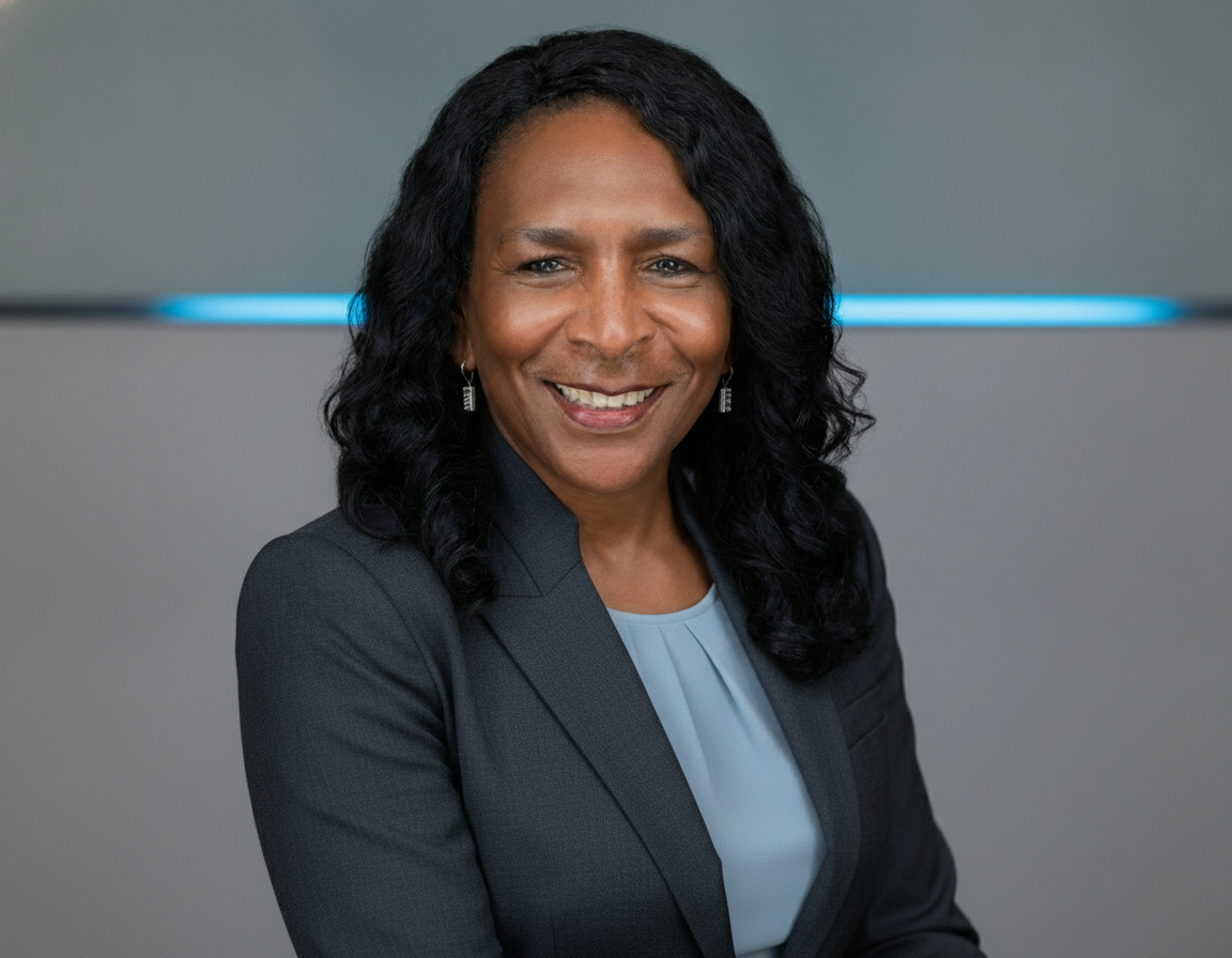 L.T. Lyles, M.Ed., a professional reading specialist and founder of Jumpstart Kinder, smiling warmly in a dark blazer and blue blouse with a soft horizontal blue light glowing behind her.