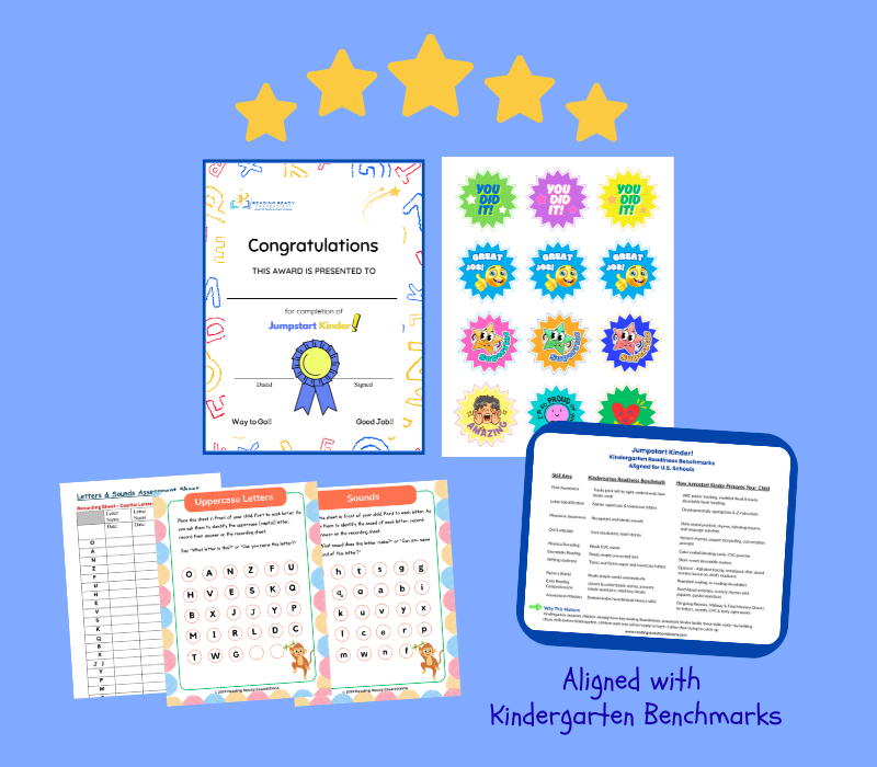 A collection of early childhood curriculum tools including printed kindergarten reading readiness benchmarks, student literacy progress monitoring forms, and student achievement completion certificates.
