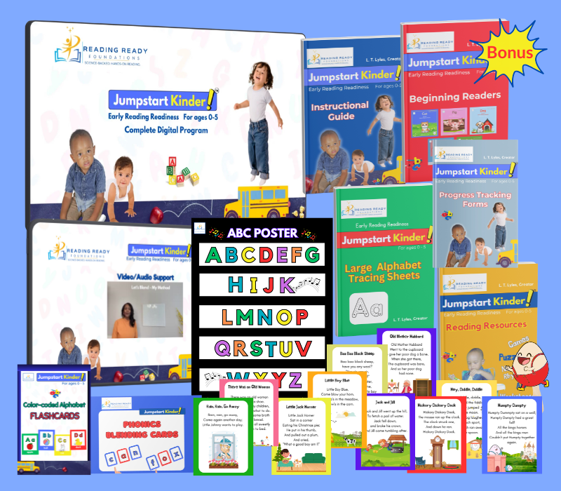 A comprehensive digital product mockup display of the complete Jumpstart Kinder kindergarten readiness curriculum, showcasing all components including scripted open-and-go lesson plans, 5 short-vowel decodable books, color-coded phonics blending cards, alphabet flashcards, a classroom ABC poster, A-Z manuscript tracing sheets, multi-sensory activities, progress monitoring charts, and the video and audio support companion.