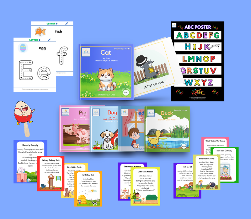 A physical display of early literacy learning tools including printed short-vowel decodable books, interactive nursery rhyme card sets, alphabet tracing sheets, and a colorful classroom ABC poster.