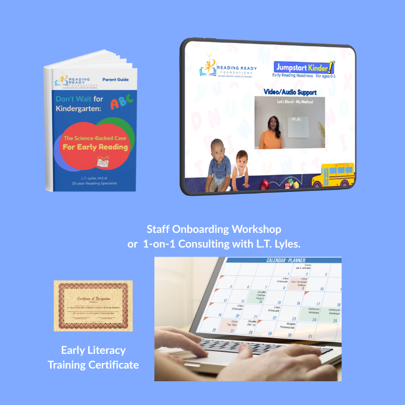 A professional graphic display showing a digital tablet open to a teacher audio and video support module, positioned next to a printed copy of the fifteen-page Georgia Early Literacy Advantage expert report with custom school network branding.
