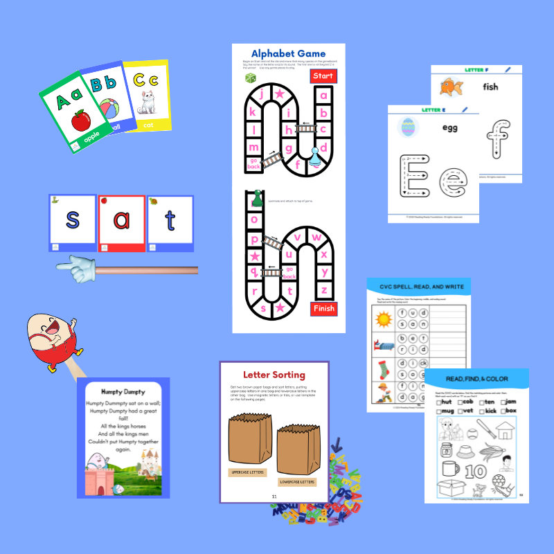 A flat-lay view of early childhood reading manipulatives, featuring colorful letter sound flashcards, A-Z manuscript tracing sheets, ten interactive nursery rhyme card sets with printable stick puppet templates, and multi-sensory literacy games arranged on a preschool classroom table.