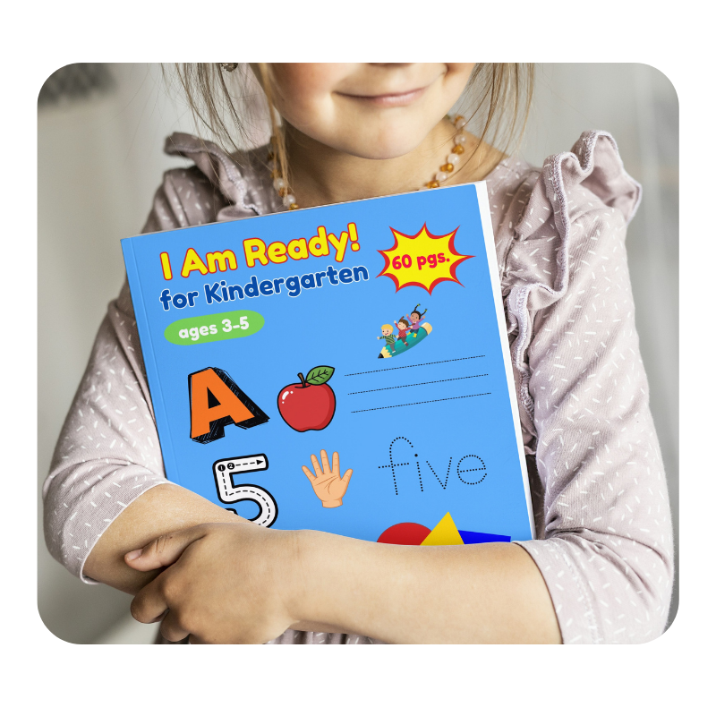 A young girl smiling as she holds a digital product mockup of the complete Jumpstart Kinder kindergarten readiness packet closely in her arms, showcasing print-and-go early childhood tracing and counting worksheets.