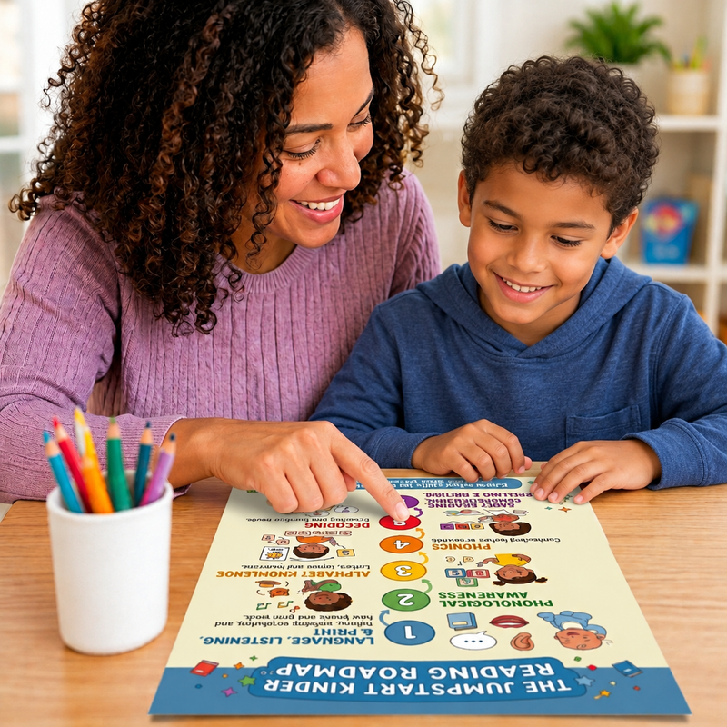 A young boy sitting at a desk looking at his starting point on the Jumpstart Kinder Reading Roadmap for early literacy.