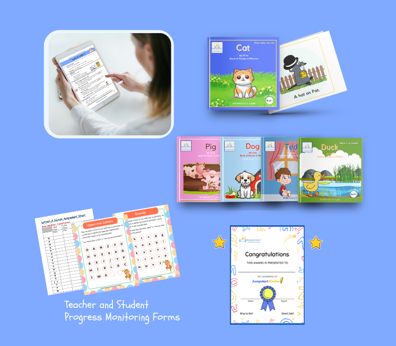 A top-down view of open-and-go phonics micro-lesson plans, five fanned-out child decodable books, student progress monitoring packets, sight word tracking sheets, and a gold-stamped student reading achievement milestone certificate.