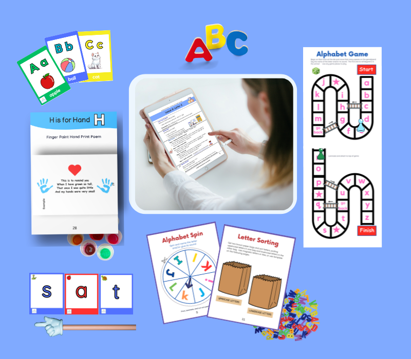 A collection of printed early literacy curriculum materials, featuring scripted open-and-go lesson plans, alphabet flashcards, color-coded phonics blending cards, and multi-sensory play-based activities and literacy games.