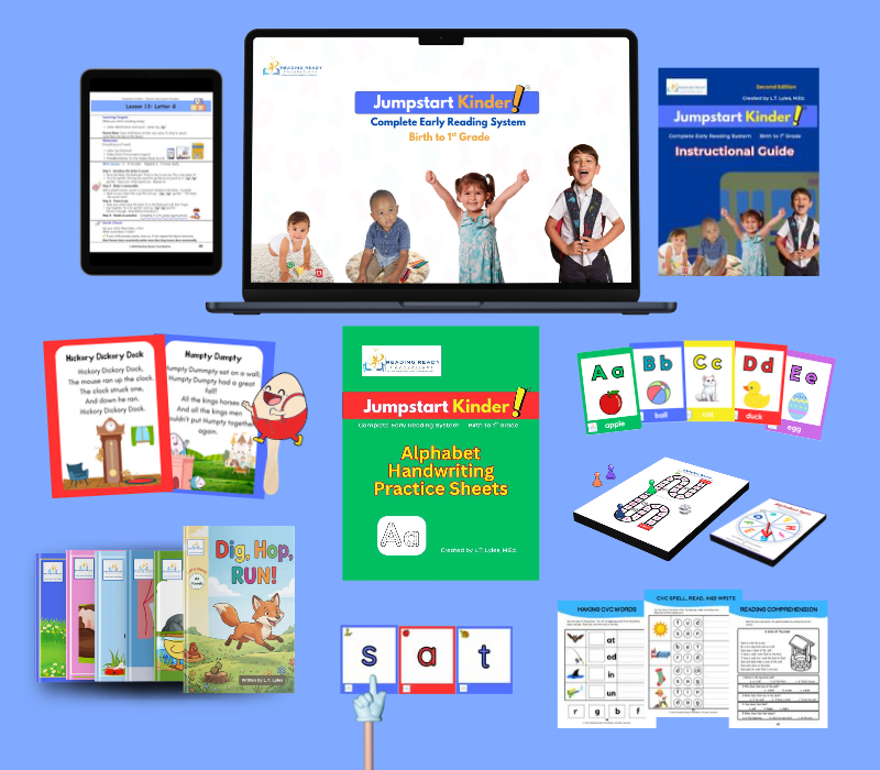 A comprehensive digital product mockup display of the complete Jumpstart Kinder kindergarten readiness curriculum, showcasing all components including scripted open-and-go lesson plans, 5 short-vowel decodable books, color-coded phonics blending cards, alphabet flashcards, a classroom ABC poster, A-Z manuscript tracing sheets, multi-sensory activities, progress monitoring charts.