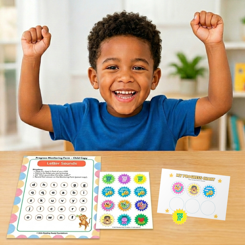 A child sitting at a desk with his hands raised with a big smile, with stickers and a progress chart showing his growth and what he has learned from a multi-sensory, play-based activity.