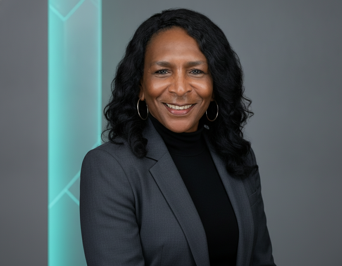 L.T. Lyles, M.Ed., a professional reading specialist and founder of Jumpstart Kinder, smiling warmly in a dark blazer and blue blouse with a soft horizontal blue light glowing behind her.